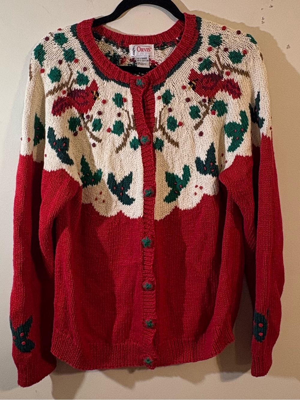 Orvis Christmas Cardigan sweater Red Bird Green Holly embroidered women’s large